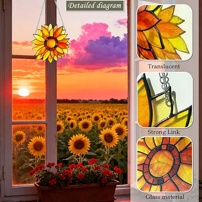 Sunflower Sun Catcher Stained Glass, Sunflower Suncatcher for Window, Hanging Suncatcher for Grandma/Mom/Women