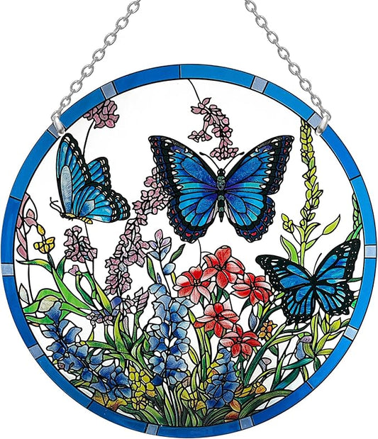 Butterfly Stained Glass Suncatcher, 8.6 inch Large Sun Catchers with Hook and Chain, Blue Butterfly Decorations Gifts for Women