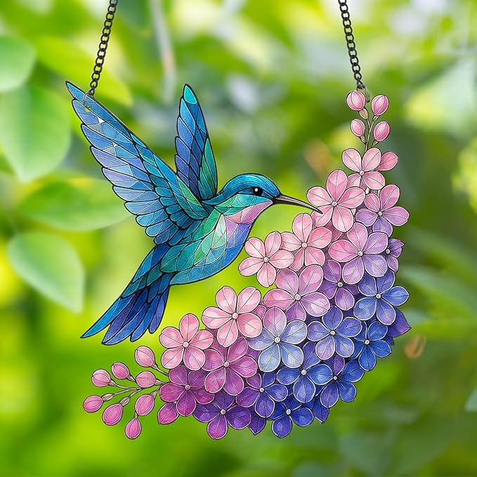 Stained Glass Window Hanging Suncatcher Hummingbird with Flowers Bird Sun Catcher Wall Decor for Bedroom Pink Room Decor Gifts for Mom, Bird Lovers, Friends