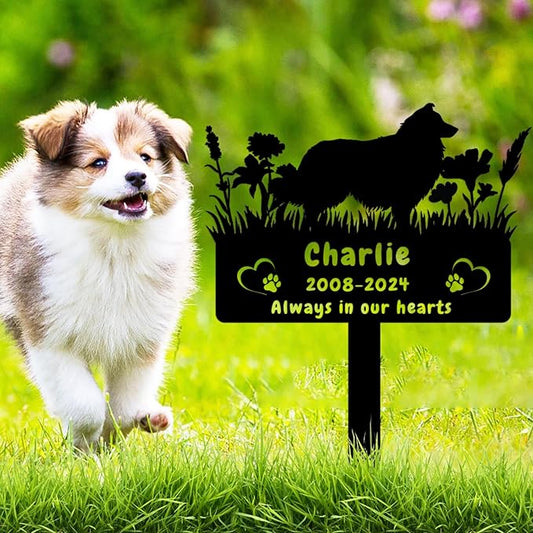 Custom Shetland Sheepdog Dog Memorial Grave Marker,Personalized Pet Dog Memorial Garden Stake,Flora Dog Memorial Plaque Burial Stake Engraved Sign,Dog Sympathy Grave Stake,Dog Statue Headstone