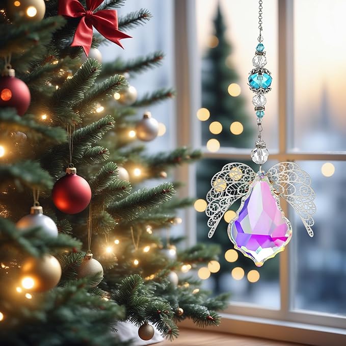 HDCRYSTALGIFTS 14'' Crystal Guardian Angel Suncatcher Rainbow Crystal Prisms Sun Catcher for Home Window Garden Hanging Decor Glass Angel Ornaments for Christmas Tree