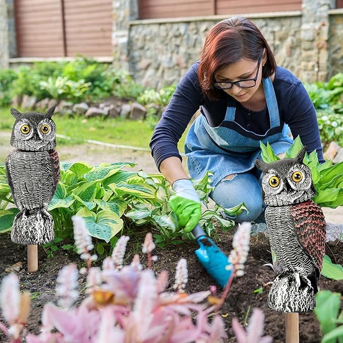 Fake Owl Decoys to Scare Birds Away-15.8 Inch, Rotating Head Sculptures, Nature Enemy Scarecrow Plastic Owl Statues, Bird Control and Pigeon Deterrent Outdoor for Outside, Patio, Yard