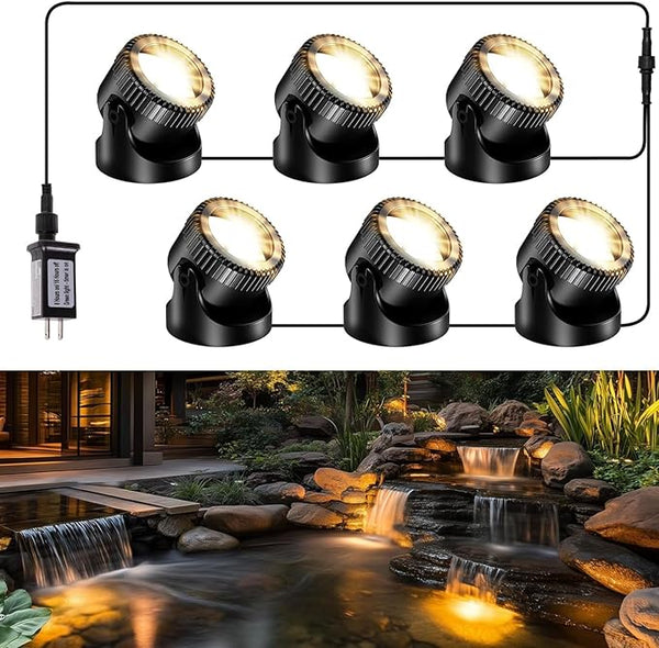 POPOSOAP LED Underwater Pond Lights 6-Head, IP68 Waterproof Pond Lights with 8H Timer Function, 90° Rotatable Design & Gravity Base Fountain Lights for Pond, Fountain, Waterfall, Aquarium, Pool-P64H