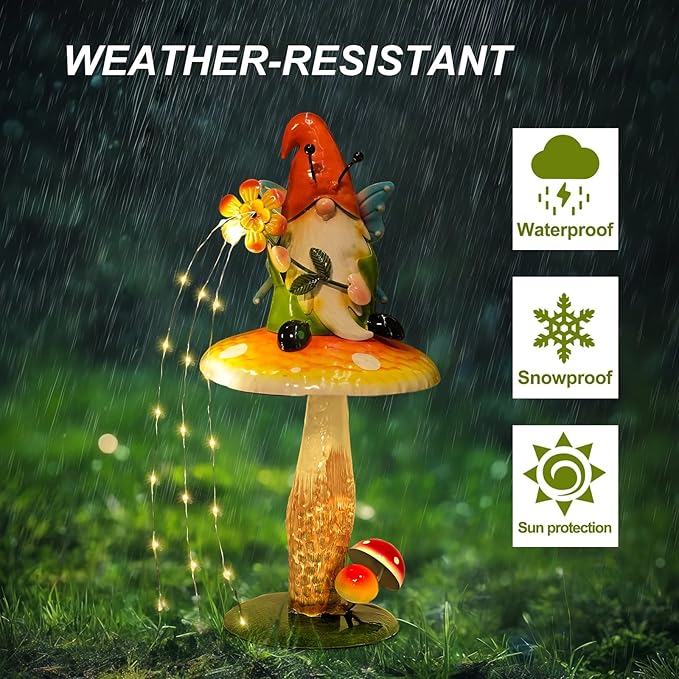 HONGLAND Solar Garden Gnome Figurine, Waterproof Outdoor Mushroom Decor with Solar Outdoor Lights for Yard, Patio, Lawn Ornaments, Ideal Gifts for Mom Grandma Women, Housewarming Gifts-16.5"