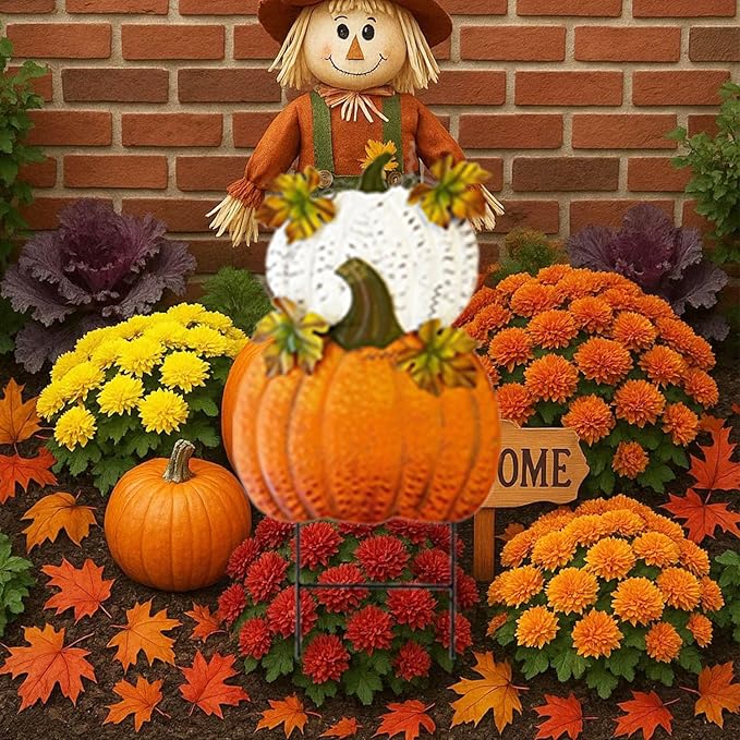 Rustic Metal Stacked Pumpkin Garden Stake Indoor Outdoor Welcome Decoration Hanging Metal Double Pumpkins Yard Signs for Fall Harvest Decor Thanksgiving Halloween Lawn Decoration