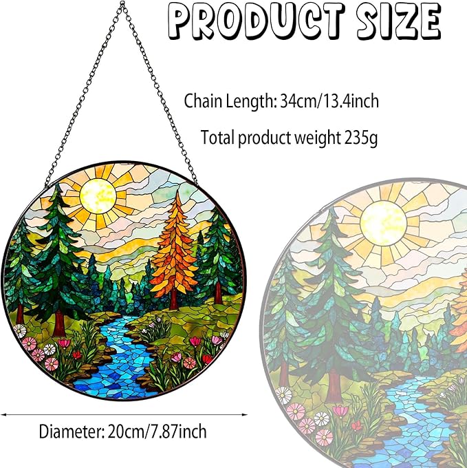 Forest Stained Glass Window Hanging Forest Sun Catcher Decor Nature Lovers Gifts for Women Suncatchers for Garden Home Windows Hanging Decoration, 7.87inch