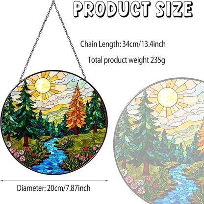 Forest Stained Glass Window Hanging Forest Sun Catcher Decor Nature Lovers Gifts for Women Suncatchers for Garden Home Windows Hanging Decoration, 7.87inch
