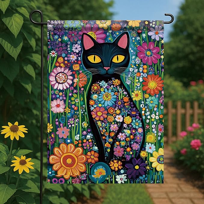 Spring Summer Garden Flag 12x18 Inch Black Cat Colorful Floral Art Design Outdoor Yard Porch Lawn Garden for Seasonal Farmhouse Boho Home Decor