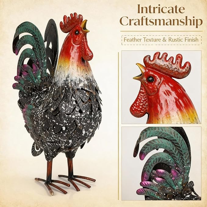 Metal Rooster Statue Chicken Decor, Rustic Farmhouse Spring Garden Yard Art, Weather Resistant Outdoor Sculpture for Patio Lawn Backyard, Ideal for Home Kitchen Decor
