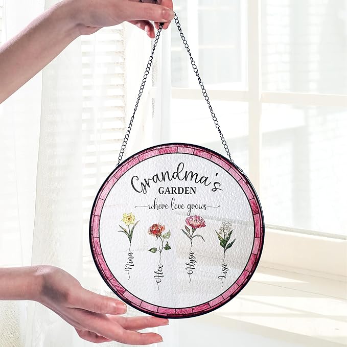 Personalized Grandma’s Garden Stained Glass Window Hanging Ornament, Custom Birth Month Flowers with Kids’ Names, Grandma Love Grows Here Floral Decoration, for Mom Grandma