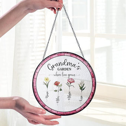 Personalized Grandma’s Garden Stained Glass Window Hanging Ornament, Custom Birth Month Flowers with Kids’ Names, Grandma Love Grows Here Floral Decoration, for Mom Grandma