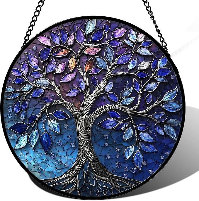 DASTOLL Stained Glass Window Hanging, Blue Purple Tree of Life Sun Catchers Colorful Glass Panel Plants Suncatcher Decor for Birthday for Women,Men,Wife, Lovers, and Mom 11.8x11.8 in