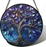 DASTOLL Stained Glass Window Hanging, Blue Purple Tree of Life Sun Catchers Colorful Glass Panel Plants Suncatcher Decor for Birthday for Women,Men,Wife, Lovers, and Mom 14.9x14.9 in