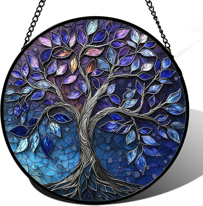 DASTOLL Stained Glass Window Hanging, Blue Purple Tree of Life Sun Catchers Colorful Glass Panel Plants Suncatcher Decor for Birthday for Women,Men,Wife, Lovers, and Mom 14.9x14.9 in
