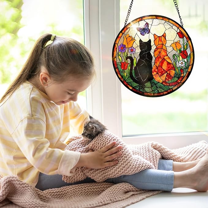7.8 Inch Stained Glass Window Hanging Cats Flowers Butterfly Sun Catcher Indoor Window Door Wall Yard Home Decor Colorful Glass Panel Suncatcher Gifts for Women Men Mom Grandma