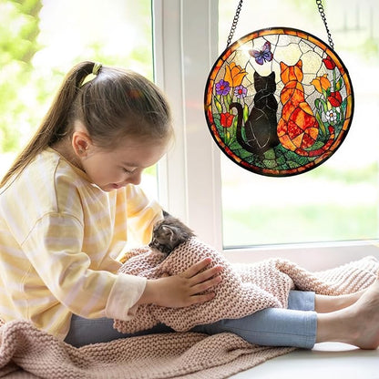 7.8 Inch Stained Glass Window Hanging Cats Flowers Butterfly Sun Catcher Indoor Window Door Wall Yard Home Decor Colorful Glass Panel Suncatcher Gifts for Women Men Mom Grandma