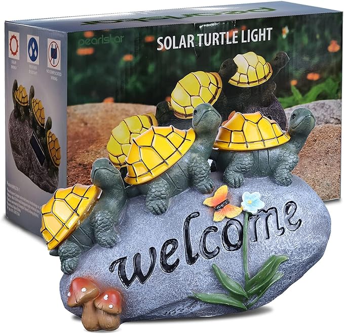 shumi Solar Garden Statue Turtle Outdoor Lights -Welcome Turtles on a Rock Solar Powered LED Outdoor Garden Ornaments，for Indoor Outdoor Yard Statue Decoration，Thanksgiving Christmas 1 Pack