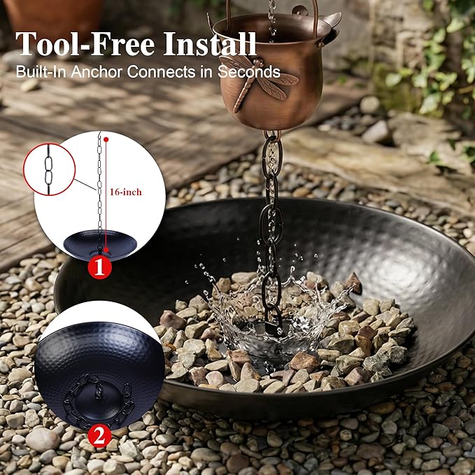 DUSVALLY Rain Chain Anchoring Basin 10.8 inch Water Feature Basin, Garden and Terrace Decoration Rain Chain Basin for Rainwater Collection Roof Drainage Ditch Downspouts, Black