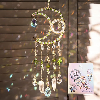 Sun Catcher Rainbow Maker with Moon Shape Natural Green Stones and Various Crystal Shapes Unique Crystal Decoration for Home or as a Gift Stunning Light Refraction and Colorful Display