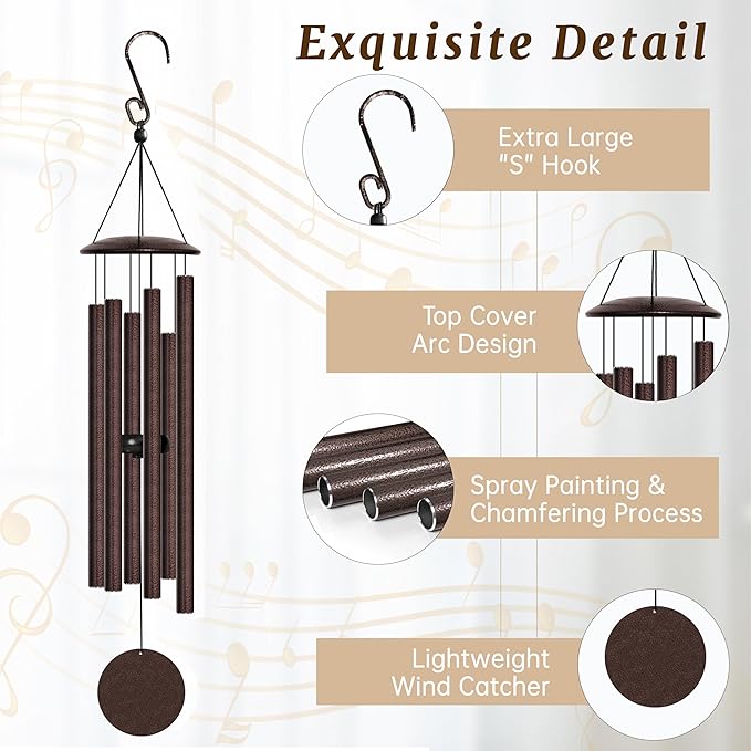 Wind Chimes for Outside with Classic Sound, Coolest Aluminium Metal Windchimes Outdoors with Pine Wood Striker, Unique Gift for Mom, Garden Decoration(32" Brown)