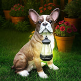Outdoor Boston Terrier Dog Statue with Interchangeable Welcome sign and Detachable Solar Lantern –LED Light Garden Dog Sculpture Décor Garden Statue Outdoor dog statue Cute Puppy Design for Yard Gift