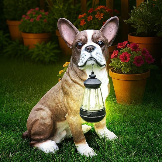 Outdoor Boston Terrier Dog Statue with Interchangeable Welcome sign and Detachable Solar Lantern –LED Light Garden Dog Sculpture Décor Garden Statue Outdoor dog statue Cute Puppy Design for Yard Gift