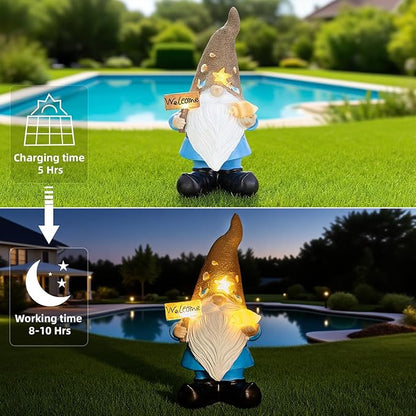 Solar Garden Gnomes Decor Outdoor Statue - Gnome Welcome Sign With LED Waterproof Sculptures Lights, Gnome Pond/Yard Statues Outside Decoration, Home, Lawn, Patio, Resin Ornament, Gardening Gift
