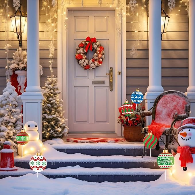 Shimeyao 6 Pcs 12 Inch Metal Christmas Garden Stakes Ugly Sweater Outdoor Plant Stakes Christmas Ball Yard Signs Xmas Outdoor Decor for Home Lawn Porch Holiday Front Backyard
