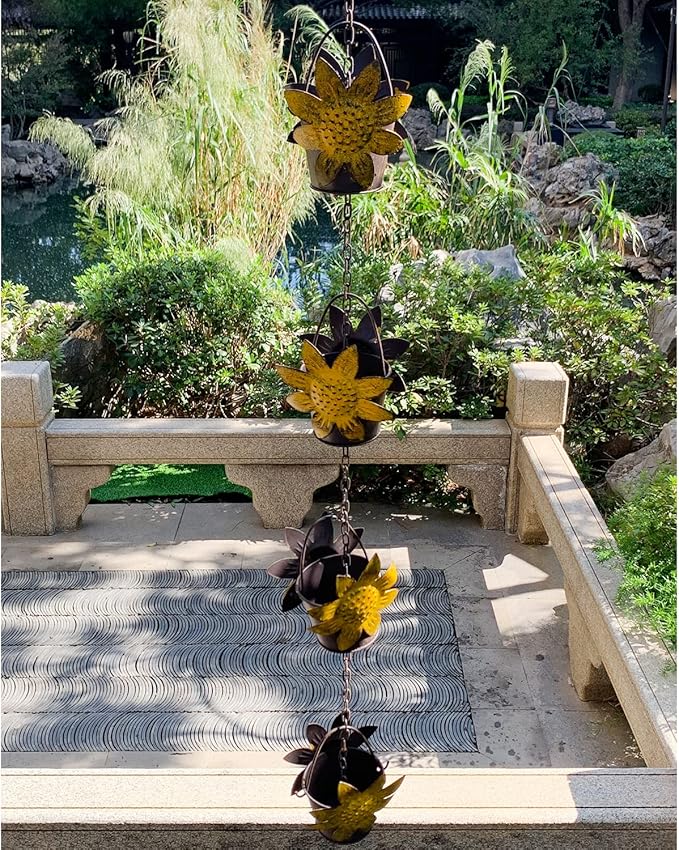 Rain Chains 8.5FT Metal Bucket Rain Chains for Gutters and Downspouts Vintage Rain Catcher Chain Sunflower Decorative Rain Chimes for Outside Rainwater Diverter Outdoor Decor for Garden Yard