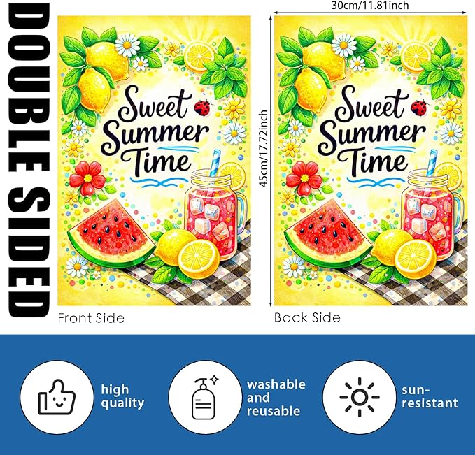 Nuxovilar Summer Garden Flag Sweet Summer Time Lemon Watermelon Picnic Pattern Polyester 12x18 Inches Garden Flags for Outside Fresh Decor Yard Porch Lawn