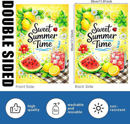 Nuxovilar Summer Garden Flag Sweet Summer Time Lemon Watermelon Picnic Pattern Polyester 12x18 Inches Garden Flags for Outside Fresh Decor Yard Porch Lawn
