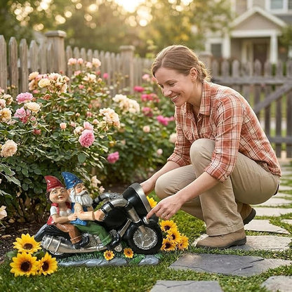 Cute Biker Gnome Couples Statue with Solar Lights - Biker Garden Gnomes Outdoor Funny Figurine - Solar Powered Motorcycle Statues Garden Ornament Art - Travel Gnome Figurine for Patio Yard Decor