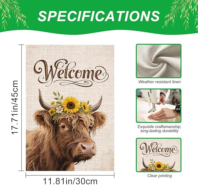 IVN Highland Cow Garden Flag 12x18 Inch – Welcome Burlap Flag with Sunflower Crown, Double Sided Outdoor Yard Flag for Porch Lawn Patio Decor
