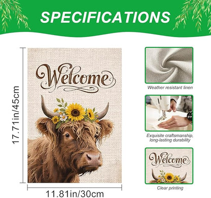 IVN Highland Cow Garden Flag 12x18 Inch – Welcome Burlap Flag with Sunflower Crown, Double Sided Outdoor Yard Flag for Porch Lawn Patio Decor