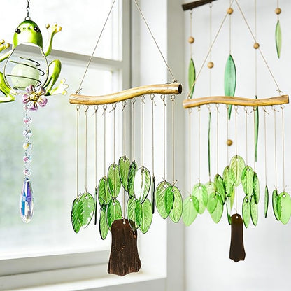 YU FENG Natural Green Leaf Glass Wind Chime, Handcrafted with Iron Wood-Look Hanging Bar, Metal Chime, Hanging Decor for Patio, Window & Garden