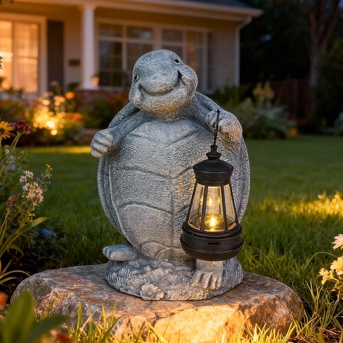 Solar Turtle Garden Statue with Lantern - Cute Outdoor Resin Figurine Light for Patio Lawn Porch Decor - Waterproof Solar Powered Animal Ornament - Unique Housewarming Birthday Gifts for Mom Grandma
