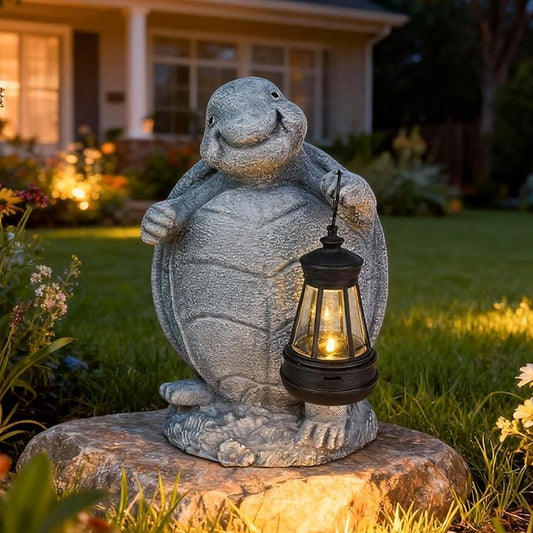Solar Turtle Garden Statue with Lantern - Cute Outdoor Resin Figurine Light for Patio Lawn Porch Decor - Waterproof Solar Powered Animal Ornament - Unique Housewarming Birthday Gifts for Mom Grandma
