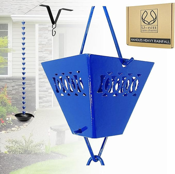U-nitt Rain Chain Water Collection for Gutters Rainwater Catcher & Diverter, 8.5 FT Chains for Outside Garden, Blue Square Cups, Roof Downspout, Works with Heavy Rain, w/Gutter Clip for Rainchains