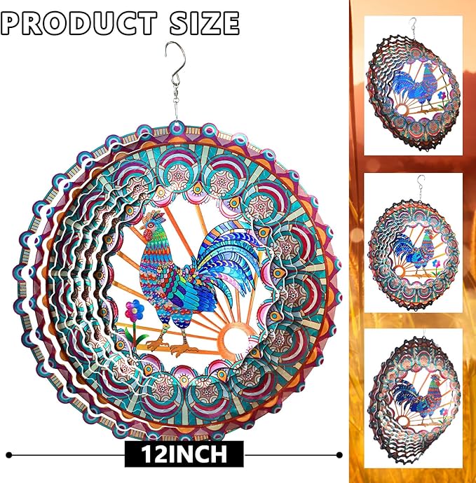 Rooster Kinetic Wind Spinner - 12-Inch 3D Holographic Metal Hanging Sculptures, Rustproof Outdoor Decor Garden Patio Decoration, Unique Gift for Chicken Lovers Mom Dad Men Women