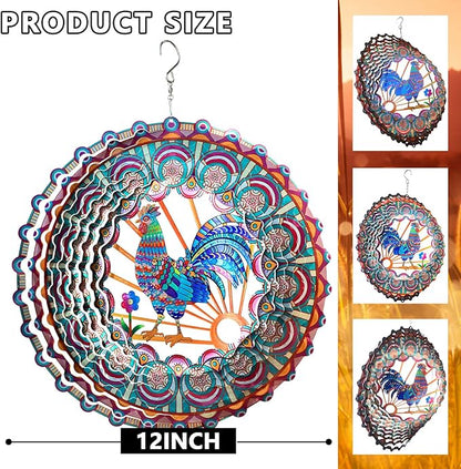 Rooster Kinetic Wind Spinner - 12-Inch 3D Holographic Metal Hanging Sculptures, Rustproof Outdoor Decor Garden Patio Decoration, Unique Gift for Chicken Lovers Mom Dad Men Women