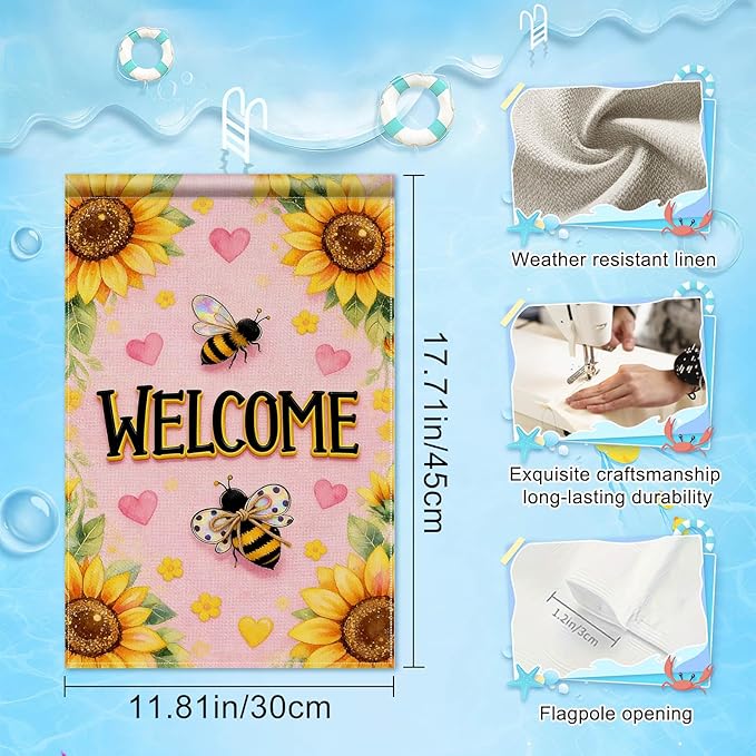 IVN Spring Summer Garden Flag 12x18 Inch – Welcome Sunflower Bee Outdoor Flag, Double Sided Burlap Farmhouse Yard Flag for Porch Lawn Patio Seasonal Home Decor