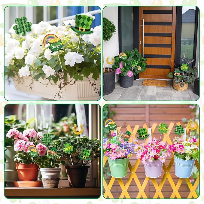 Cinrobiye 6 Pcs St Patrick’s Day Planter Stakes Metal Shamrock Garden Stakes Irish Table Centerpiece Lucky Clover Pot of Gold Leprechaun Decorations for Lawn Garden Farmhouse Decor