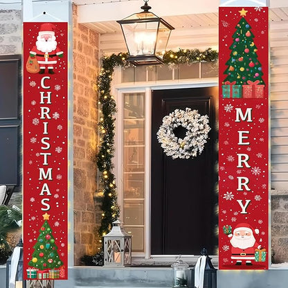 BlissYard Christmas Porch Banner 12x71 Cartoon Santa Tree Decorations Christma Door Banner Hanging Sign Merry Christmas Banner Front Xmas Door Cover Entryway Outdoor Decor Winter Welcome Home Yard Patio