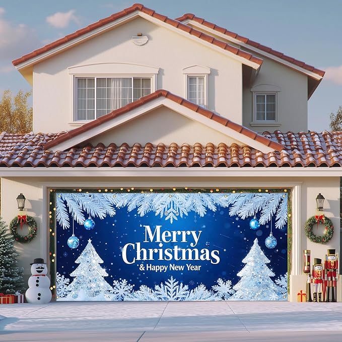 IVN Merry Christmas Happy New Year Garage Door Banner 13x6 ft Christmas Garage Door Wnter Scene Background Indoor Outdoor Blue Snowflake Tree Holiday Decorations for Home Wall Backdrop Decor