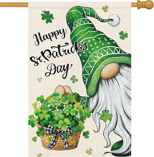 Heyfibro Happy St. Patrick's Day Gnome Garden Flag 28x40 Double Sided Burlap, Shamrock Basket Yard Flag for Spring Seasonal Irish Holiday Farmhouse Yard Outdoor Decor(ONLY FLAG)