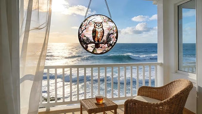Stained Glass Window Hanging - The Owl is on The Branch of The Pine Tree 6.3 Inches Suncatcher for Garden Home Decor for Women Mon Grandma Friends