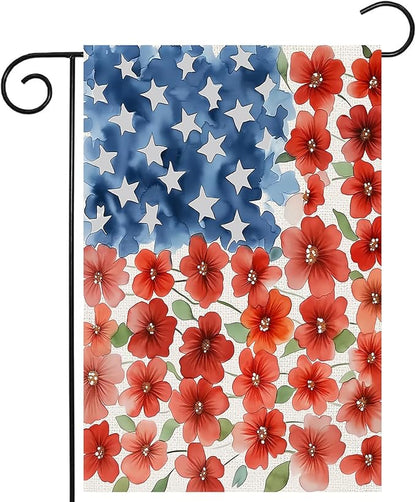 4th of July Patriotic Garden Flags 12x18 Inch Vertical Double Sided Outside, Memorial Day Independence Day Floral Yard Flag Decor, Holiday Outdoor Spring Summer Seasonal Decorations for Home