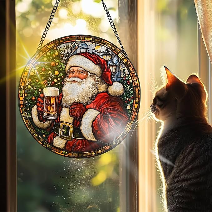 VAIIEYO Christmas Sun Catcher Stained Glass Window Hanging Ornament, Handmade Sun Catcher Santa Claus Decoration with Hooks for Window Garden Home, Christmas & Birthday Housewarming Gift (7.8 inch)