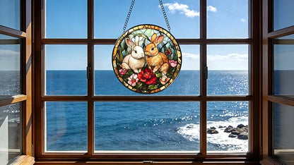 Funoasis Stained Glass Window Hanging 6.3 Inches Suncatcher - Two Rabbits On The Grass in The Forest Ornaments Sun Catcher Home Decor Women Birthday