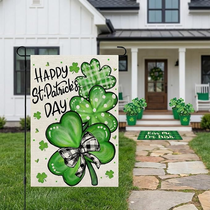 CROWNED BEAUTY St Patricks Day Garden Flag Shamrocks Clover 12x18 Inch Double Sided Green Holiday Decoration for Outdoor Lawn Yard CF1928-12